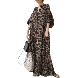 imagechouyatou Women Summer Casual Lantern Sleeve Floral Shift Dress Leopard Print Loose Maxi Long Shirt DressCoffee