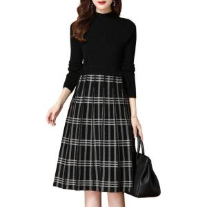 imagechouyatou Womens Vintage Plaid Checkered Color Block A Line Pleated Knitted Sweater Midi Long DressBlack