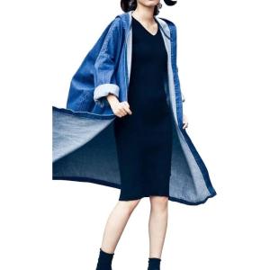 imagechouyatou Womens Casual Hooded Denim Jacket Open Front Loose Fit Boyfriend Jean Long Trench Coat with HoodBlue