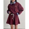 imagechouyatou Womens 2 Piece Outfits Long Sleeve Polo Sweatshirt Top Elastic Waist Mini Skirt Going Out Matching SetDark Red