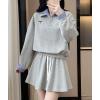 imagechouyatou Womens 2 Piece Outfits Long Sleeve Polo Sweatshirt Top Elastic Waist Mini Skirt Going Out Matching SetGray
