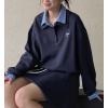imagechouyatou Womens 2 Piece Outfits Long Sleeve Polo Sweatshirt Top Elastic Waist Mini Skirt Going Out Matching SetNavy