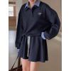 imagechouyatou Womens 2 Piece Outfits Long Sleeve Polo Sweatshirt Top Elastic Waist Mini Skirt Going Out Matching SetNavy