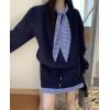 imagechouyatou Womens Y2k Active 2 Piece Outfits Tie Neck Sweatshirt Mini Skirt Set Matching Sweat SuitNavy