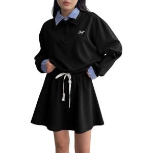 imagechouyatou Womens 2 Piece Outfits Long Sleeve Polo Sweatshirt Top Elastic Waist Mini Skirt Going Out Matching SetBlack