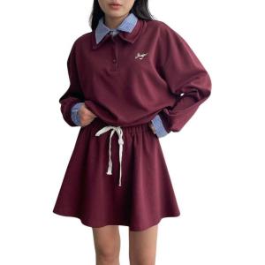 imagechouyatou Womens 2 Piece Outfits Long Sleeve Polo Sweatshirt Top Elastic Waist Mini Skirt Going Out Matching SetDark Red