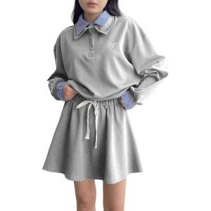 imagechouyatou Womens 2 Piece Outfits Long Sleeve Polo Sweatshirt Top Elastic Waist Mini Skirt Going Out Matching SetGray