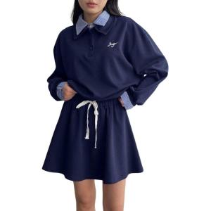 imagechouyatou Womens 2 Piece Outfits Long Sleeve Polo Sweatshirt Top Elastic Waist Mini Skirt Going Out Matching SetNavy