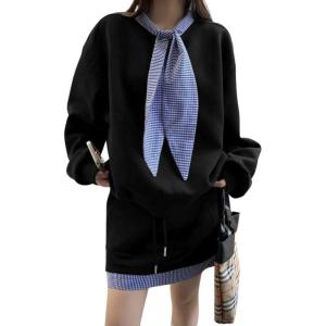 imagechouyatou Womens Y2k Active 2 Piece Outfits Tie Neck Sweatshirt Mini Skirt Set Matching Sweat SuitBlack