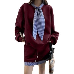 imagechouyatou Womens Y2k Active 2 Piece Outfits Tie Neck Sweatshirt Mini Skirt Set Matching Sweat SuitDark Red