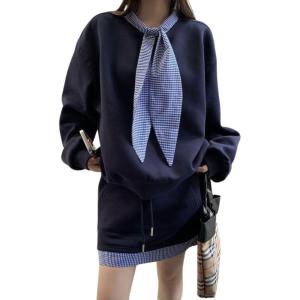 imagechouyatou Womens Y2k Active 2 Piece Outfits Tie Neck Sweatshirt Mini Skirt Set Matching Sweat SuitNavy