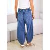 imagechouyatou Women Casual Barrel Jeans Elastic High Waisted Crop Wide Leg Jeans Boyfriend Harem Denim PantsDark Blue