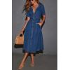 imagechouyatou Women Summer Belted Button Down Denim Shirt Dress Business Casual Short Sleeve Jean Shirt DressDark Blue