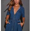 imagechouyatou Women Summer Belted Button Down Denim Shirt Dress Business Casual Short Sleeve Jean Shirt DressDark Blue