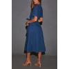 imagechouyatou Women Summer Belted Button Down Denim Shirt Dress Business Casual Short Sleeve Jean Shirt DressDark Blue
