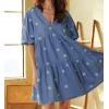 imagechouyatou Women Summer Embroidered Floral Short Denim Dress Cute Puff Sleeve Jean Tunic Babydoll DressBlue