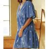 imagechouyatou Women Summer Embroidered Floral Short Denim Dress Cute Puff Sleeve Jean Tunic Babydoll DressBlue