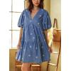 imagechouyatou Women Summer Embroidered Floral Short Denim Dress Cute Puff Sleeve Jean Tunic Babydoll DressBlue
