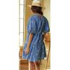 imagechouyatou Women Summer Embroidered Floral Short Denim Dress Cute Puff Sleeve Jean Tunic Babydoll DressBlue