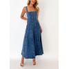 imagechouyatou Womens Adjustable Spaghetti Strap Maxi Long Denim Dress ALine Swing Distressed Jean Sun DressDark Blue