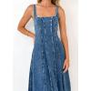 imagechouyatou Womens Adjustable Spaghetti Strap Maxi Long Denim Dress ALine Swing Distressed Jean Sun DressDark Blue