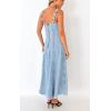 imagechouyatou Womens Adjustable Spaghetti Strap Maxi Long Denim Dress ALine Swing Distressed Jean Sun DressLight Blue