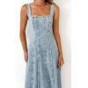 imagechouyatou Womens Adjustable Spaghetti Strap Maxi Long Denim Dress ALine Swing Distressed Jean Sun DressLight Blue