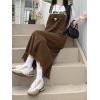 imagechouyatou Womens Adjustable Strap Denim Bib Overall Dress Distressed Fringe Pinafore Long Jean DressCoffee
