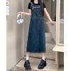 imagechouyatou Womens Adjustable Strap Denim Bib Overall Dress Distressed Fringe Pinafore Long Jean DressDark Blue