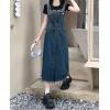 imagechouyatou Womens Adjustable Strap Denim Bib Overall Dress Distressed Fringe Pinafore Long Jean DressDark Blue