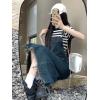 imagechouyatou Womens Adjustable Strap Denim Bib Overall Dress Distressed Fringe Pinafore Long Jean DressDark Blue