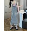 imagechouyatou Womens Adjustable Strap Denim Bib Overall Dress Distressed Fringe Pinafore Long Jean DressLight Blue