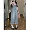 imagechouyatou Womens Adjustable Strap Denim Bib Overall Dress Distressed Fringe Pinafore Long Jean DressLight Blue