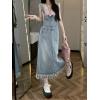 imagechouyatou Womens Adjustable Strap Denim Bib Overall Dress Distressed Fringe Pinafore Long Jean DressLight Blue