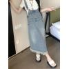 imagechouyatou Womens Adjustable Strap Denim Bib Overall Dress Distressed Fringe Pinafore Long Jean DressLight Blue