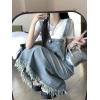 imagechouyatou Womens Adjustable Strap Denim Bib Overall Dress Distressed Fringe Pinafore Long Jean DressLight Blue