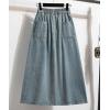 imagechouyatou Womens Retro Button Elastic Waist Denim Skirt ALine Pleated Midi Long Jean Skirt with PocketsLight Blue