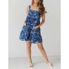 imagechouyatou Womens Sexy Spaghetti Strap Denim Ruffle Mini Dress Floral Print Babydoll Tunic Short Dress with PocketsBlue