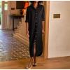 imagechouyatou Womens Spring Long Sleeve Button Down Denim Shirt Dress Lapel Distressed Midi Long Jean Shift DressBlack