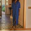 imagechouyatou Womens Spring Long Sleeve Button Down Denim Shirt Dress Lapel Distressed Midi Long Jean Shift DressDark Blue