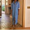 imagechouyatou Womens Spring Long Sleeve Button Down Denim Shirt Dress Lapel Distressed Midi Long Jean Shift DressLight Blue