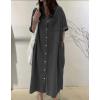 imagechouyatou Womens Summer Casual Short Sleeve Long Denim Shirt Dress Casual Loose Button Down Jean DressBlack