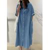 imagechouyatou Womens Summer Casual Short Sleeve Long Denim Shirt Dress Casual Loose Button Down Jean DressBlue