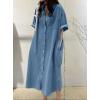imagechouyatou Womens Summer Casual Short Sleeve Long Denim Shirt Dress Casual Loose Button Down Jean DressBlue
