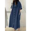 imagechouyatou Womens Summer Casual Short Sleeve Long Denim Shirt Dress Casual Loose Button Down Jean DressDark Blue