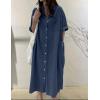 imagechouyatou Womens Summer Casual Short Sleeve Long Denim Shirt Dress Casual Loose Button Down Jean DressDark Blue