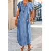 imagechouyatou Womens Summer Notch Neck Short Sleeve Denim Dress Business Casual Jean Tunic Shirt DressBlue