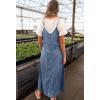 imagechouyatou Womens Summer Spaghetti Strap Denim Dress ALine Overall Dress Flowy Swing Maxi Long Jean DressDark Blue