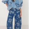 imagechouyatou Womens Y2k Baggy Wide Leg Denim Pants Boho Floral Printed Boyfriend Barrel Jeans with PocketsFlower