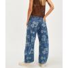 imagechouyatou Womens Y2k Baggy Wide Leg Denim Pants Boho Floral Printed Boyfriend Barrel Jeans with PocketsFlower